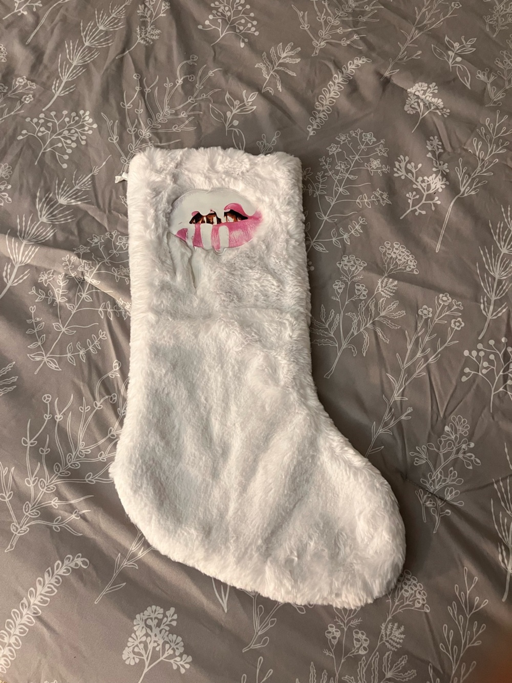 Kendall & Kylie White Plush Holiday Stocking with Pink Lip Patch